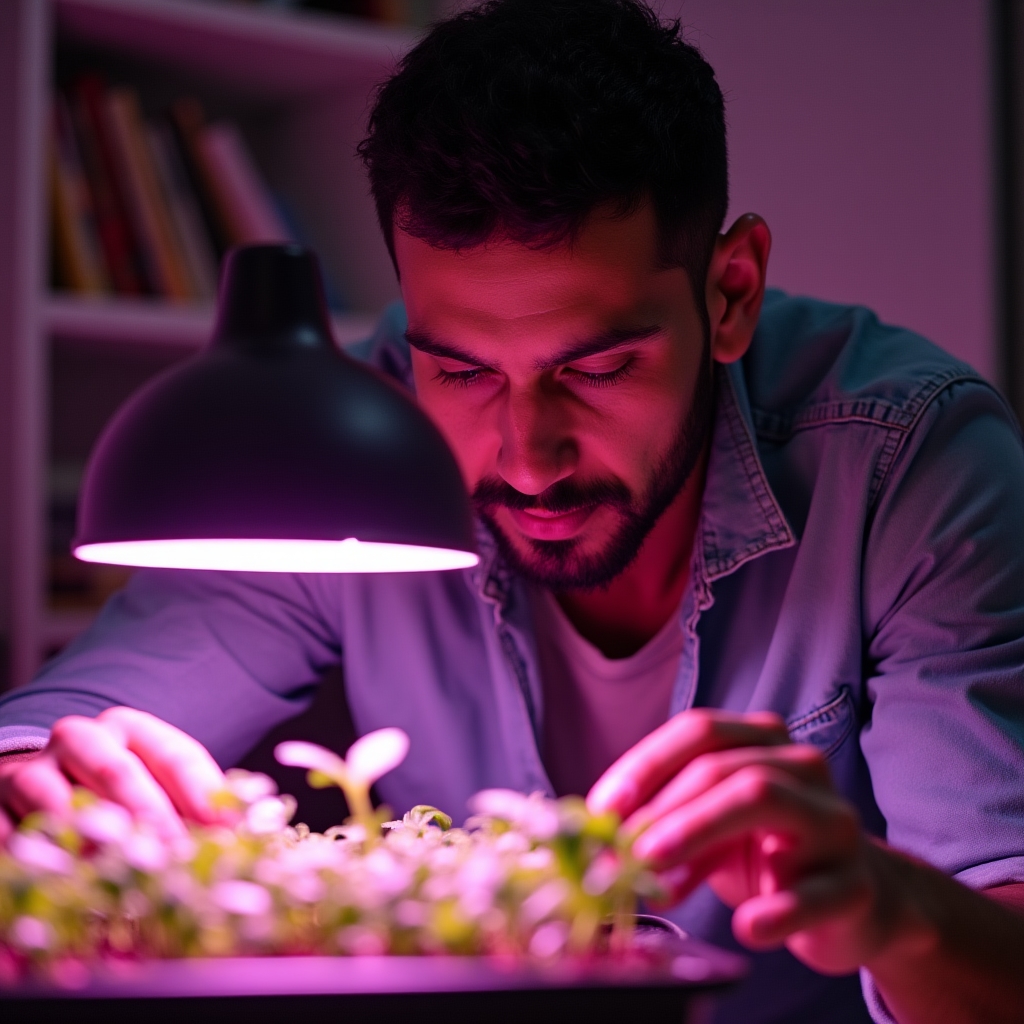 Persona revisando plantines jóvenes en un espacio interior con luz artificial