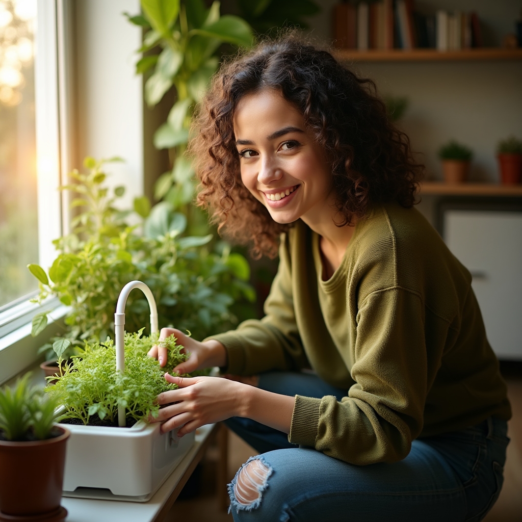 Persona joven revisando un sistema de cultivo casero instalado en el interior de su vivienda
