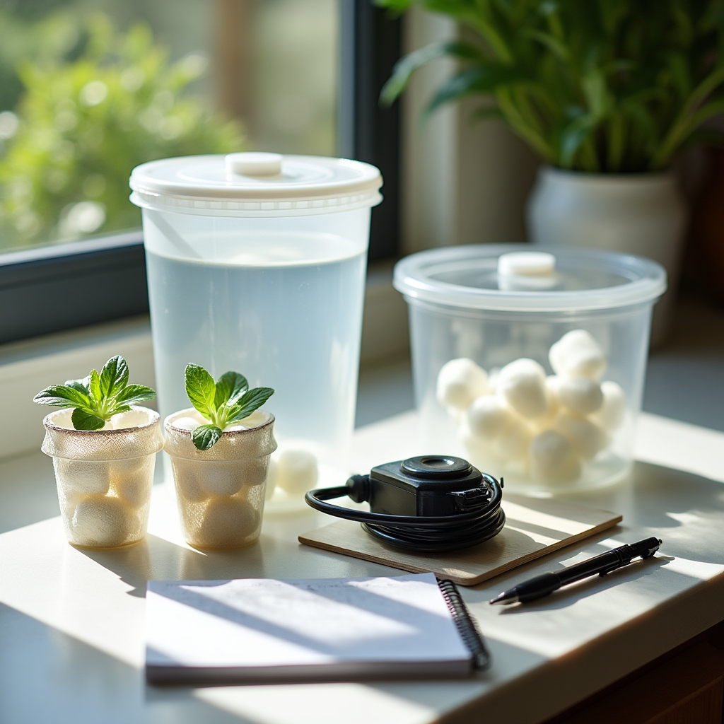 Contenedores y materiales básicos de un sistema hidropónico casero organizados sobre una mesada de cocina