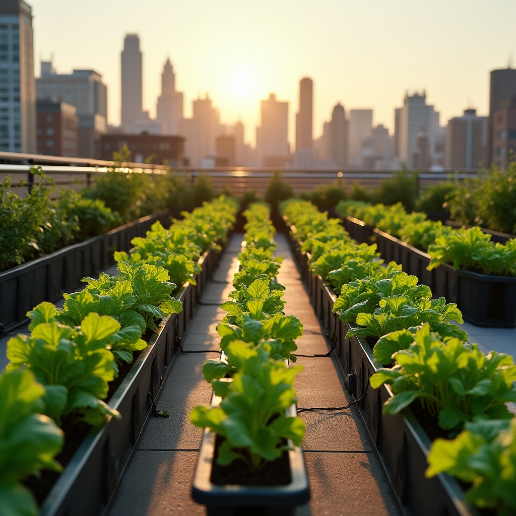 Terraza urbana con múltiples macetas y sistemas de cultivo organizados en hileras
